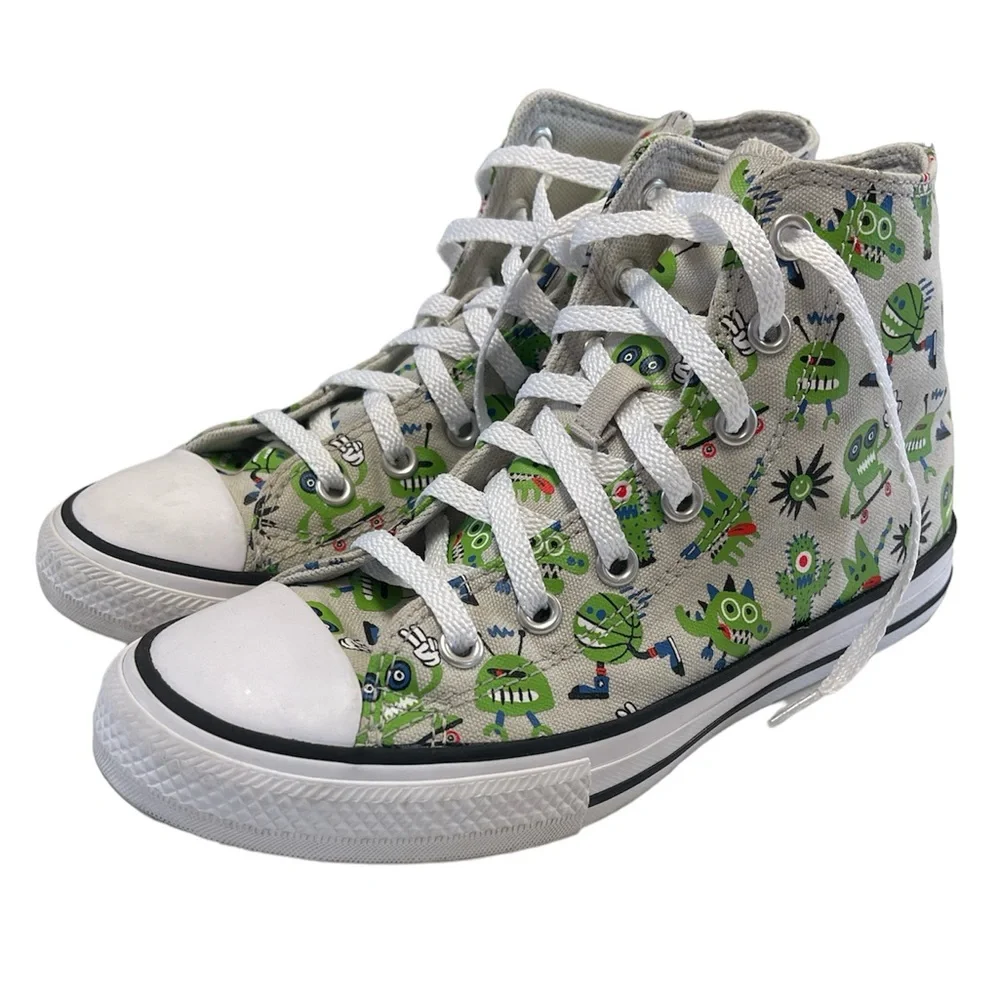 Gray Converse High-Tops With Green Monsters - Size 2 - Picture 2 of 7